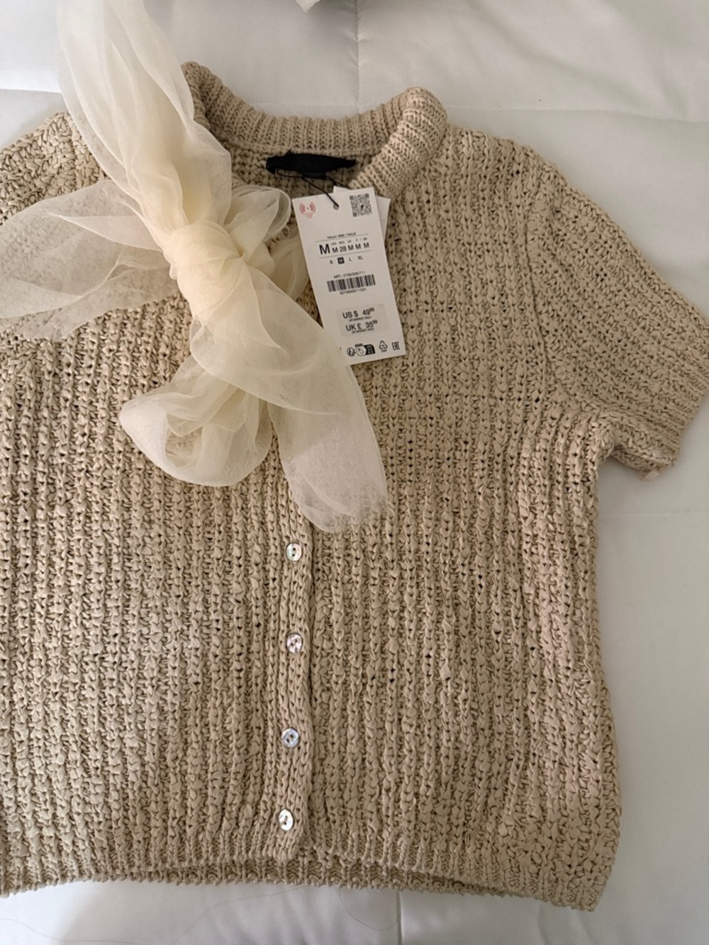 Zara Knit Beige Knit Short-Sleeve Cardigan